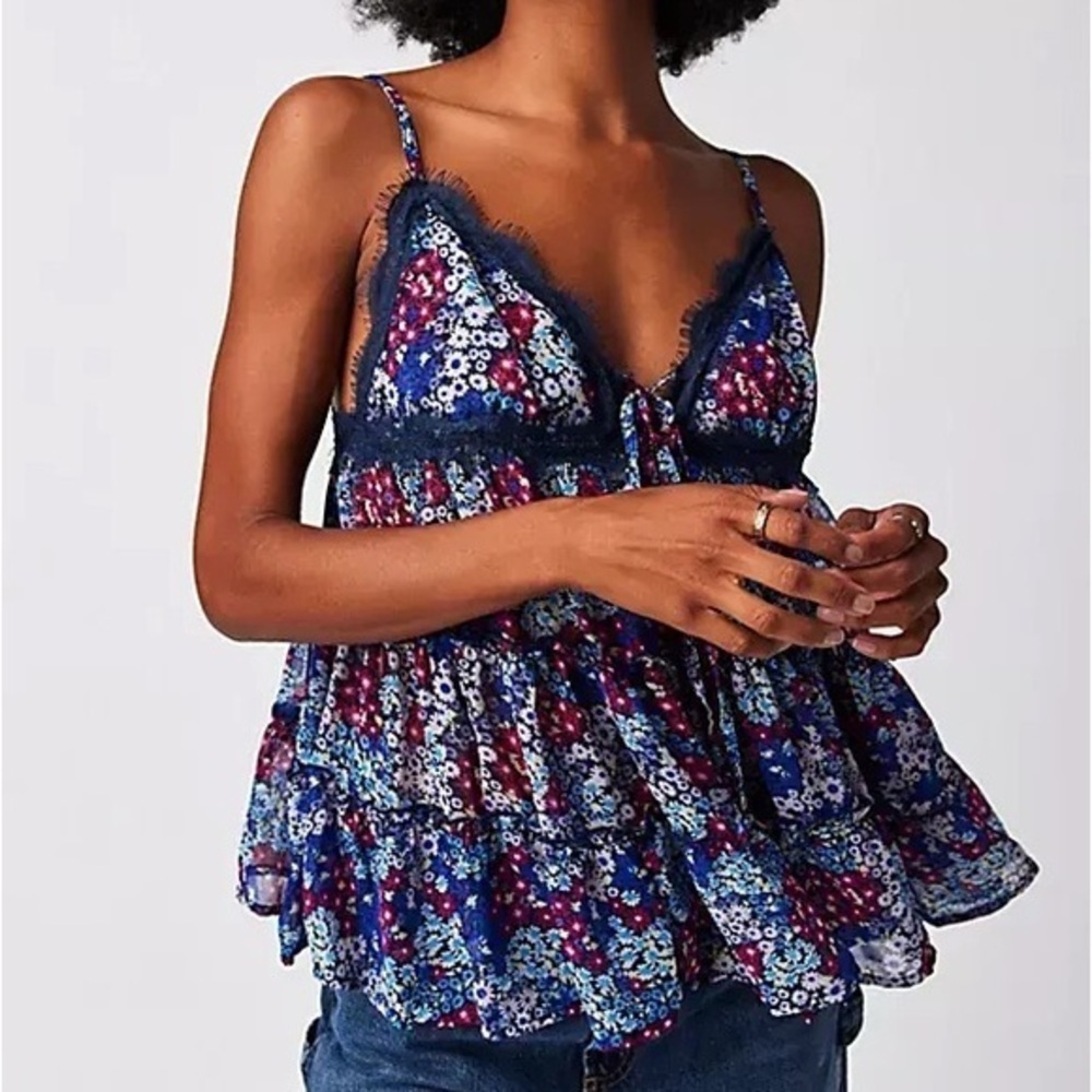 Nwot Free People Merrie's Garden Coquette Blue Floral Sheer Lace Cami Top size M